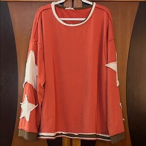 Blue Velvet Orange French Terry Star Patch Long Sleeve Top w/Raw Edge Seams